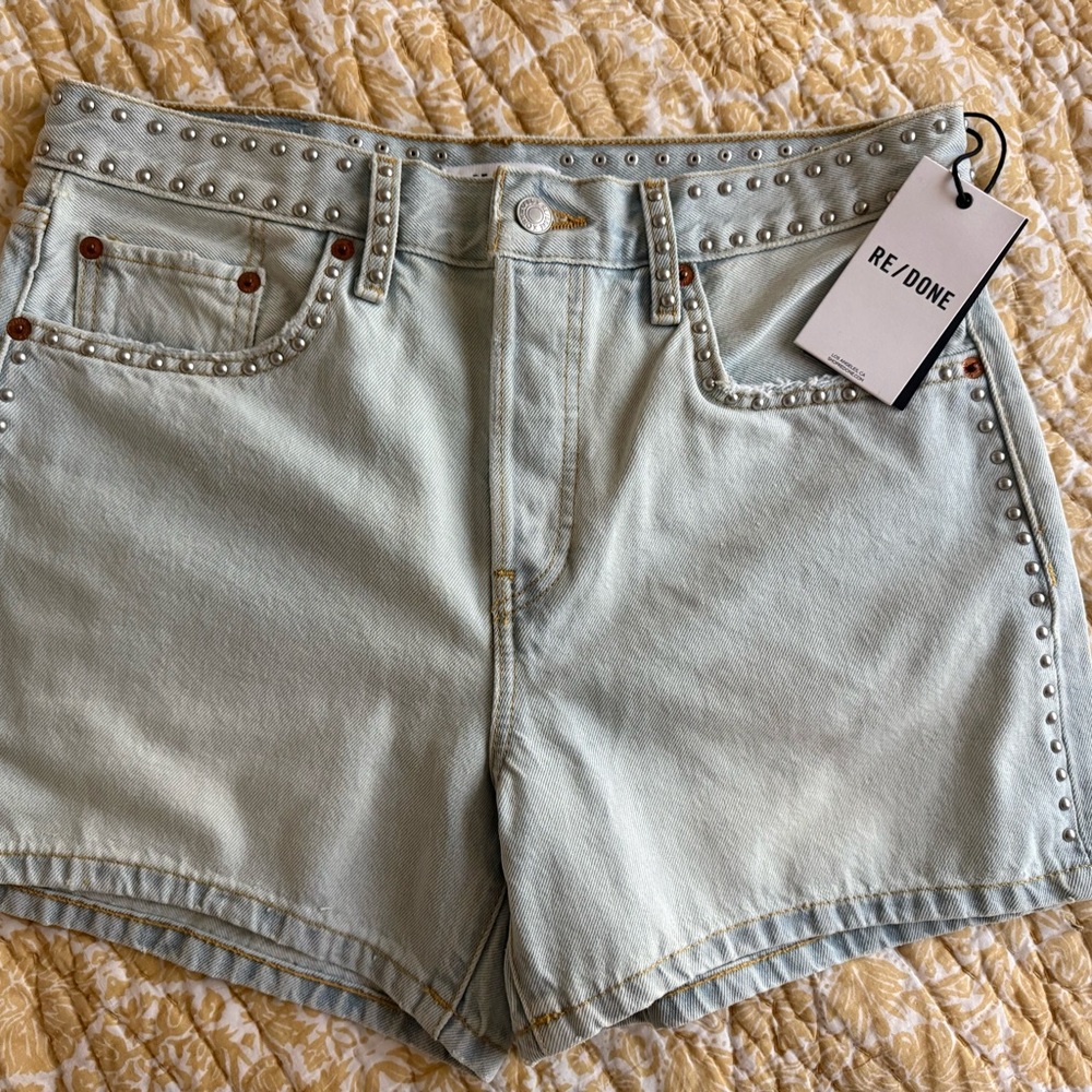 Re/Done Light Blue Studded High-Waist Denim Shorts